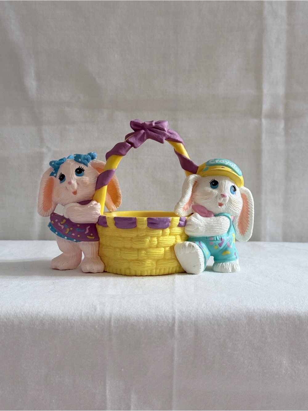 Easter Bunny Basket Figurine - Yellow & Pastel Decorative Small Pet Accessory
